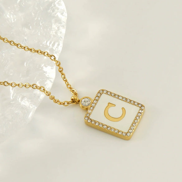 Necklace 316L Stainless Steel 18K Gold Plated Square Diamond English Letter Pendant For Women