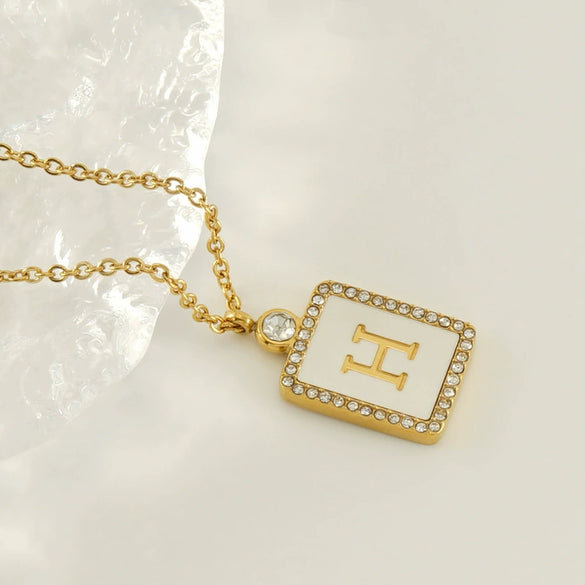 Necklace 316L Stainless Steel 18K Gold Plated Square Diamond English Letter Pendant For Women