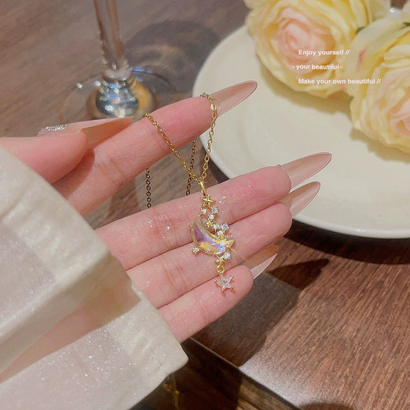 Necklace Titanium Steel Light Luxury Star Moon Pendant Mixed Gemstone Setting Women's Cross Chain
