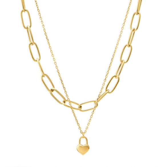 Necklace Titanium Steel Love Lock Pendant Doublelayer Chain Geometric Hiphop Cold Style Electroplated