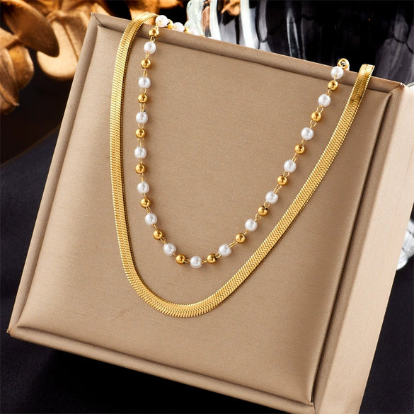 Necklace Titanium Steel Metal Beaded Chain Geometric Pattern Electroplating Irregular Doublelayer