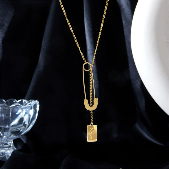 Necklace Titanium Steel Metal Chain Square Tag Pin Pendant Electroplating Cold Style Women's
