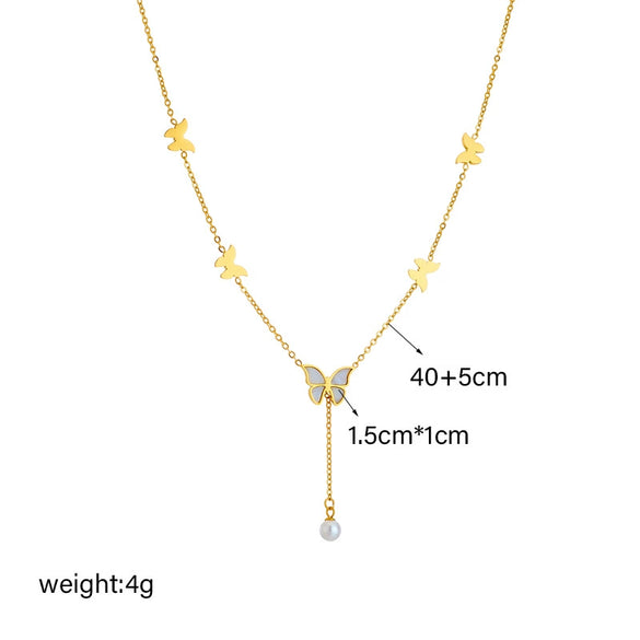Necklace Titanium Steel Metal Chain Tassel Pearl Butterfly Pendant Electroplating Animal Style