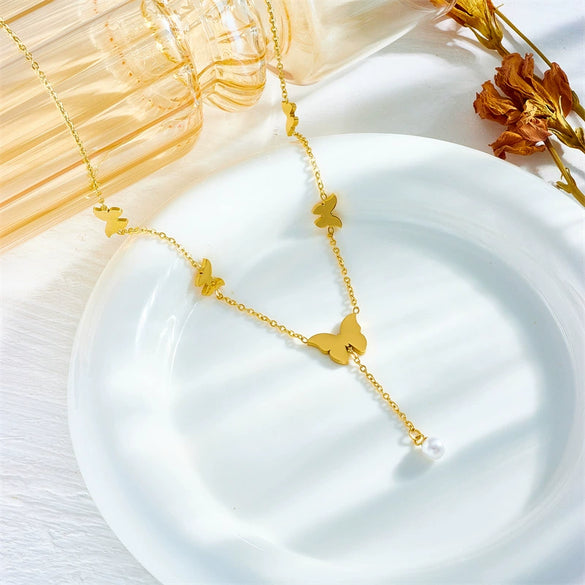 Necklace Titanium Steel Metal Chain Tassel Pearl Butterfly Pendant Electroplating Animal Style