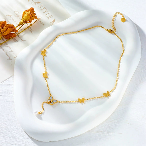 Necklace Titanium Steel Metal Chain Tassel Pearl Butterfly Pendant Electroplating Animal Style