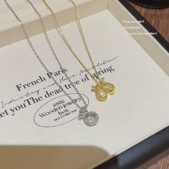 Necklace Titanium Steel Mixed Gem Inlay Geometric Lucky Bag Pendant Set With Pearls Women's Light Luxury Design