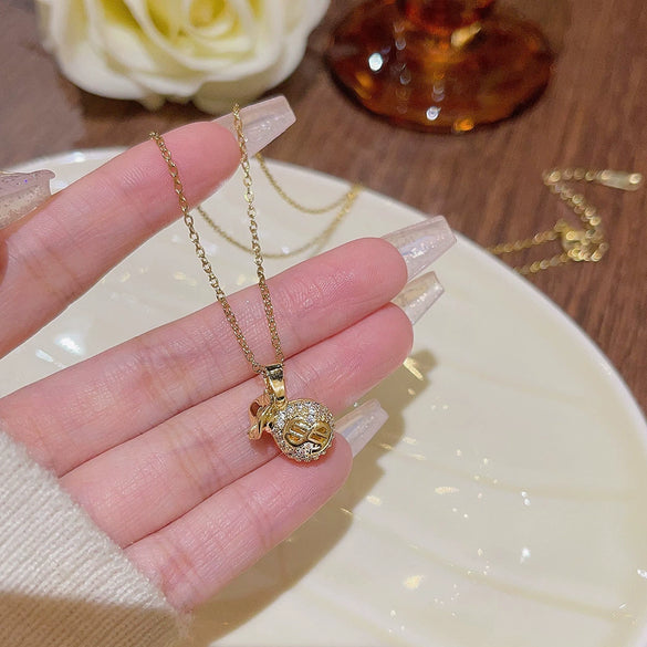 Necklace Titanium Steel Mixed Gem Inlay Geometric Lucky Bag Pendant Set With Pearls Women's Light Luxury Design