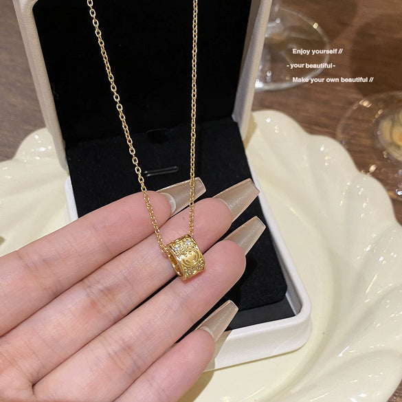Necklace Titanium Steel Mixed Gem Inlay Geometric Lucky Bag Pendant Set With Pearls Women's Light Luxury Design