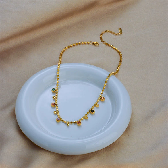 Necklace Titanium Steel Mixed Gemstone Inlay Geometric Round Pendant Electroplating Ball Chain