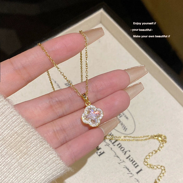 Necklace Titanium Steel Mixed Gemstone Setting Leaf Geometric Zircon Light Luxury