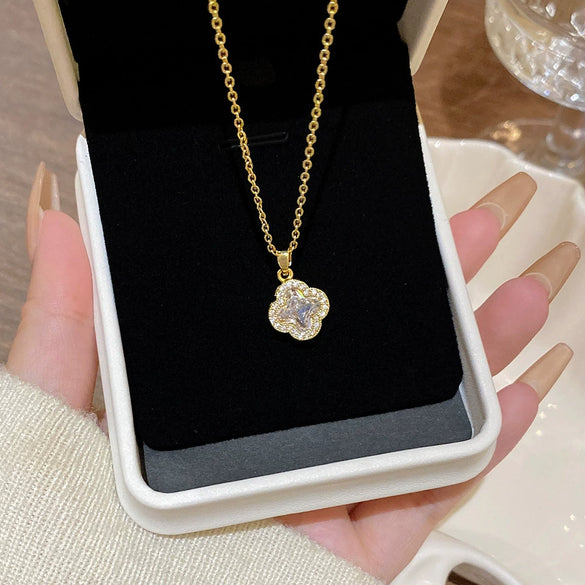 Necklace Titanium Steel Mixed Gemstone Setting Leaf Geometric Zircon Light Luxury