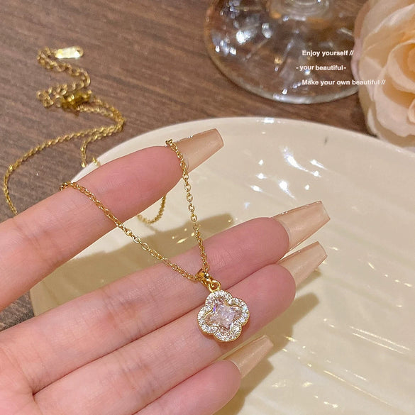 Necklace Titanium Steel Mixed Gemstone Setting Leaf Geometric Zircon Light Luxury