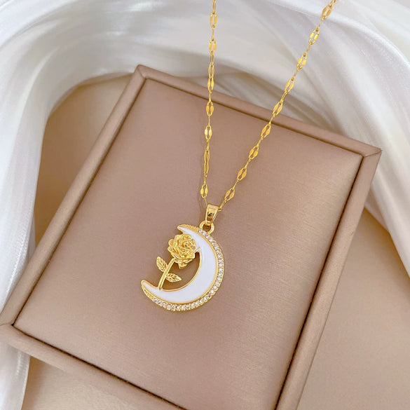 Necklace Titanium Steel Moon Rose Geometric Copper Pendant Unisex