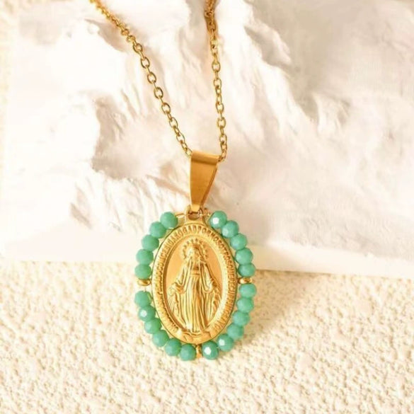 Necklace Titanium Steel Natural Turquoise Oval Virgin Pattern Electroplated Cross Chain