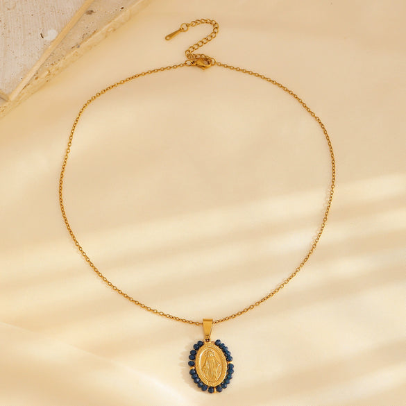Necklace Titanium Steel Natural Turquoise Oval Virgin Pattern Electroplated Cross Chain