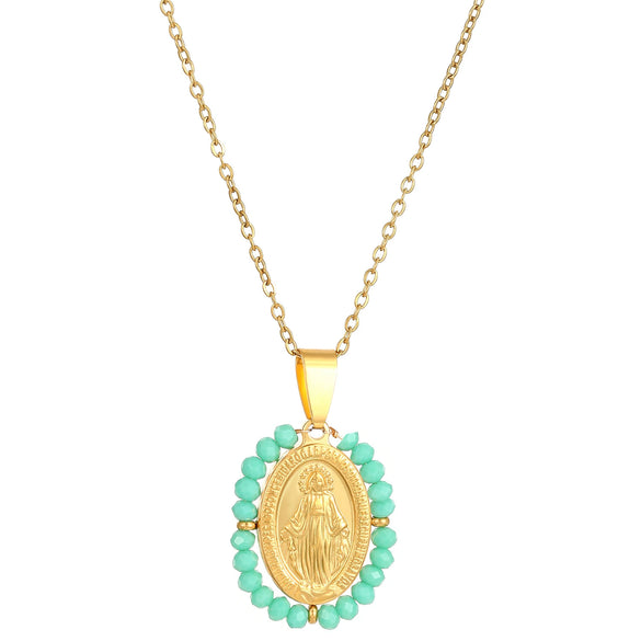 Necklace Titanium Steel Natural Turquoise Oval Virgin Pattern Electroplated Cross Chain