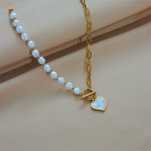 Necklace Titanium Steel Pearl Asymmetric Stitching Love Pendant Electroplating