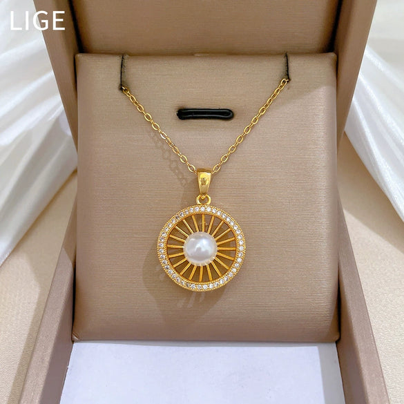 Necklace Titanium Steel Pearl Hollow Bird's Nest Geometric Style Copper Pendant
