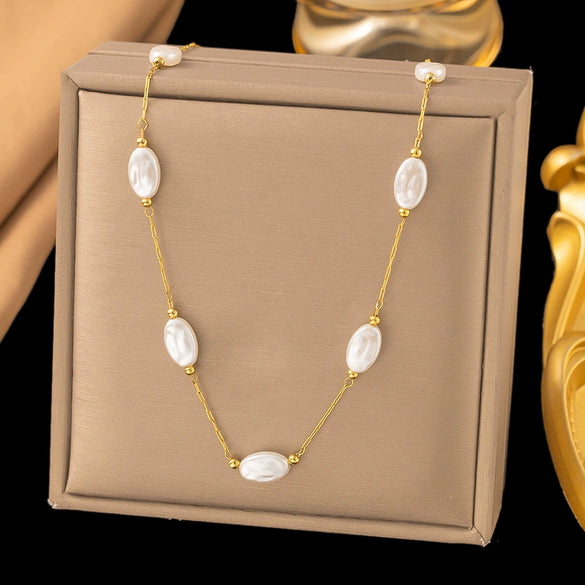 Necklace Titanium Steel Pearl Natural Stone Beaded Irregular Geometric Electroplating Women