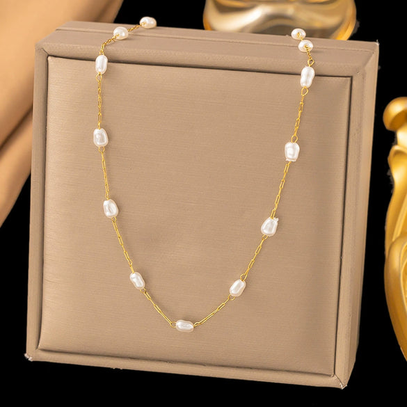 Necklace Titanium Steel Pearl Natural Stone Beaded Irregular Geometric Electroplating Women