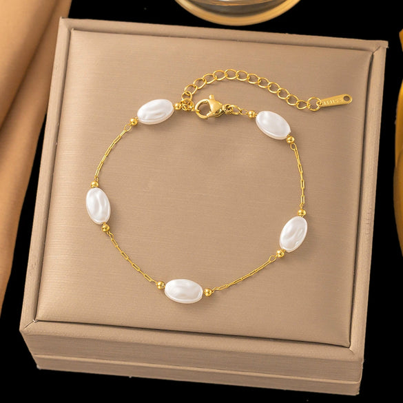 Necklace Titanium Steel Pearl Natural Stone Beaded Irregular Geometric Electroplating Women