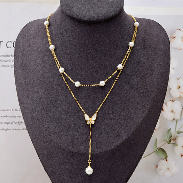 Necklace Titanium Steel Pearl Tassel Butterfly Double Layer Clavicle Chain Electroplating Women's