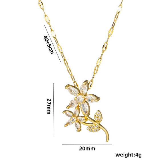 Necklace Titanium Steel Retro Flower Inlaid Zircon Electroplating Water Wave Chain For Women