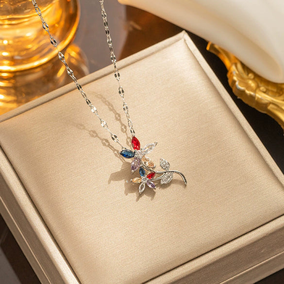 Necklace Titanium Steel Retro Flower Inlaid Zircon Electroplating Water Wave Chain For Women