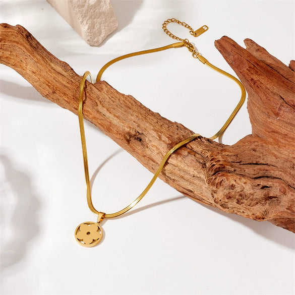 Necklace Titanium Steel Small Round Flower Pendant Gold Plated Snake Bone Chain Fashion Style