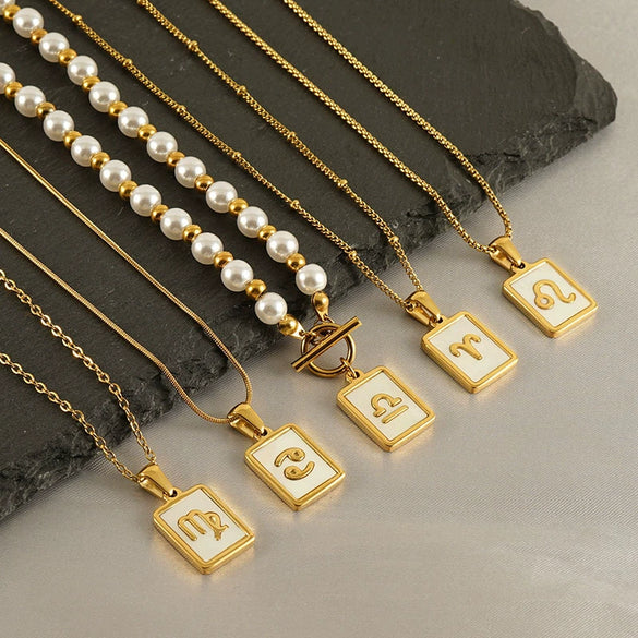 Necklace Titanium Steel Square White Shell Constellation Electroplated Pendant For Women