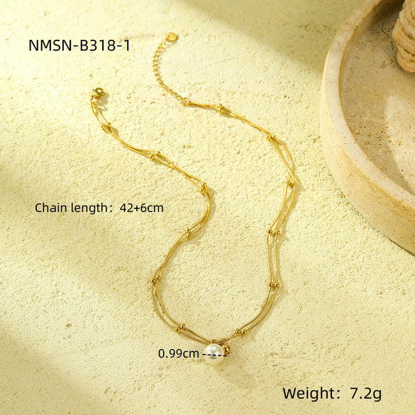 Necklace Titanium Steel Stainless Steel 18K Gold Electroplating Double Chain Pearl Fashion Simple Versatile