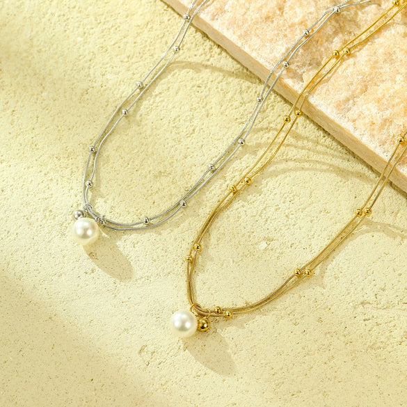 Necklace Titanium Steel Stainless Steel 18K Gold Electroplating Double Chain Pearl Fashion Simple Versatile