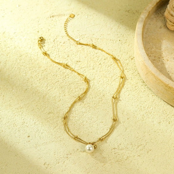 Necklace Titanium Steel Stainless Steel 18K Gold Electroplating Double Chain Pearl Fashion Simple Versatile