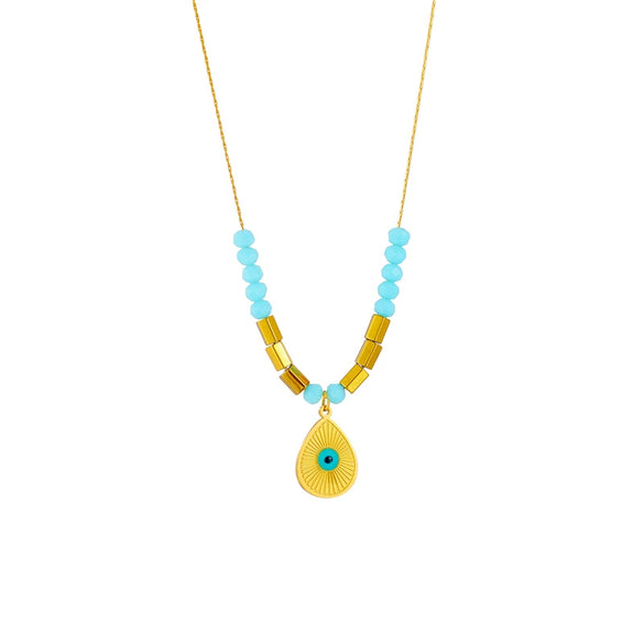 Necklace Titanium Steel Water Drop Pendant Faceted Beaded Retro Blue Eye Geometric Electroplated For Women