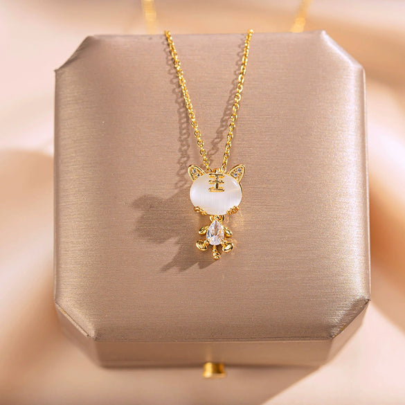 Necklace Titanium Steel Women's Cat's Eye Little Tiger Pendant Copper Electroplating With Letters Numbers Text Pattern
