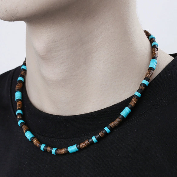 Necklace Turquoise Wood Chips Pine Stones Geometric Handmade