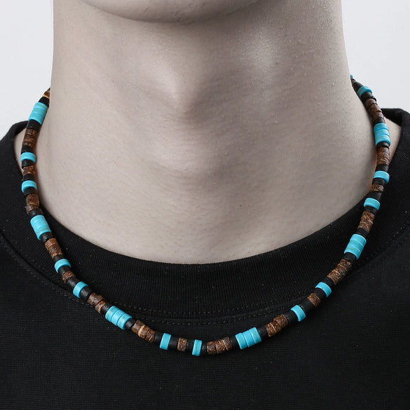 Necklace Turquoise Wood Chips Pine Stones Geometric Handmade