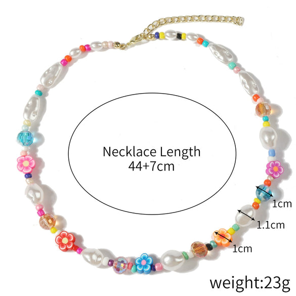 Necklace Women's Beaded Sweet Style With Flower Pattern Mixed Gem Inlay Electroplating Ball Chain