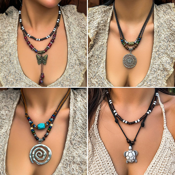 Necklace Women's Beaded Wooden Alloy Leaves Pattern Electroplating Vintage Style