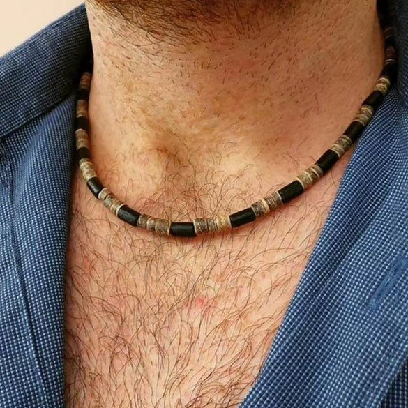 Necklace Wood Chip Coconut Shell Bohemian Geometric Handmade Stainless Steel