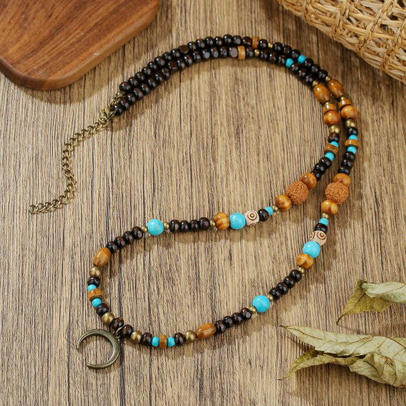 Necklace Wood Chip Coconut Shell Bohemian Geometric Handmade Stainless Steel