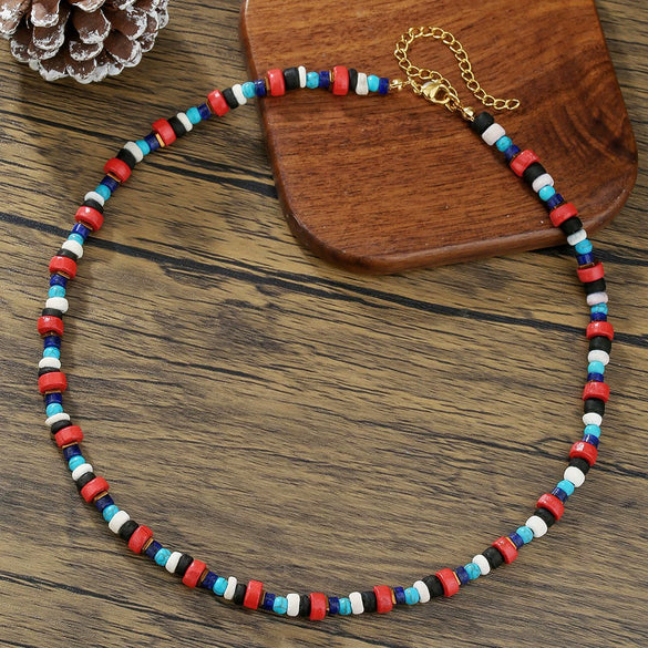 Necklace Wood Chip Coconut Shell Bohemian Geometric Handmade Stainless Steel