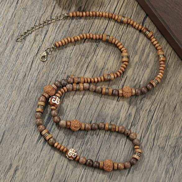 Necklace Wooden Beads Alloy Geometric Electroplated Bohemian Style O Word Chain