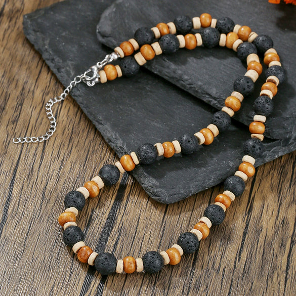 Necklace Wooden Chips Volcanic Stone Geometric Handmade Men's Personality Minimalist