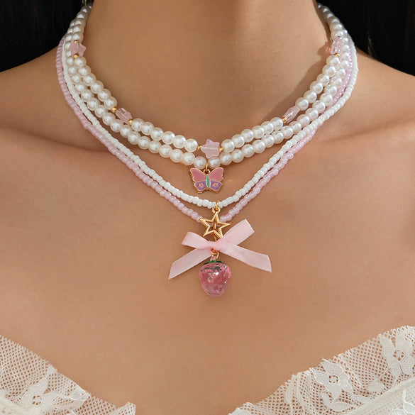 Necklace Zinc Alloy Sweet Style Handmade With Bow Strawberry Star Geometric Fruit Pendant