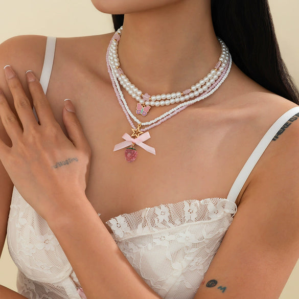 Necklace Zinc Alloy Sweet Style Handmade With Bow Strawberry Star Geometric Fruit Pendant