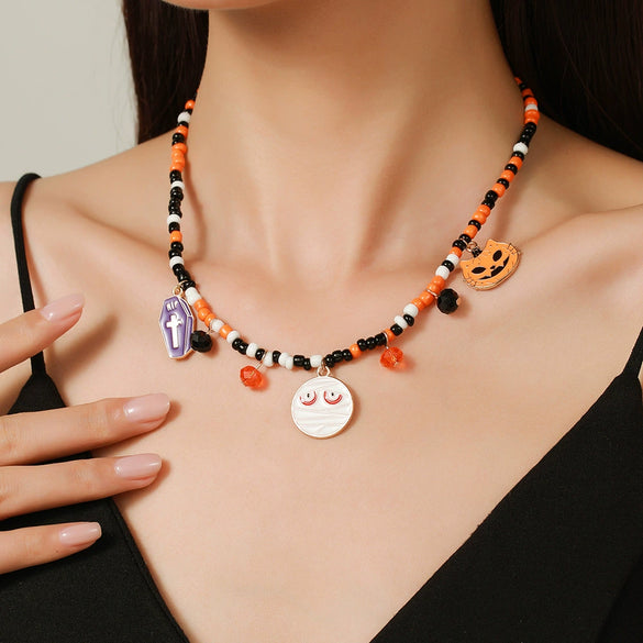Necklaces Alloy Glass Glazed Rice Bead Handmade With Scary Ghost Tombstone Pumpkin Festive Elements For Women
