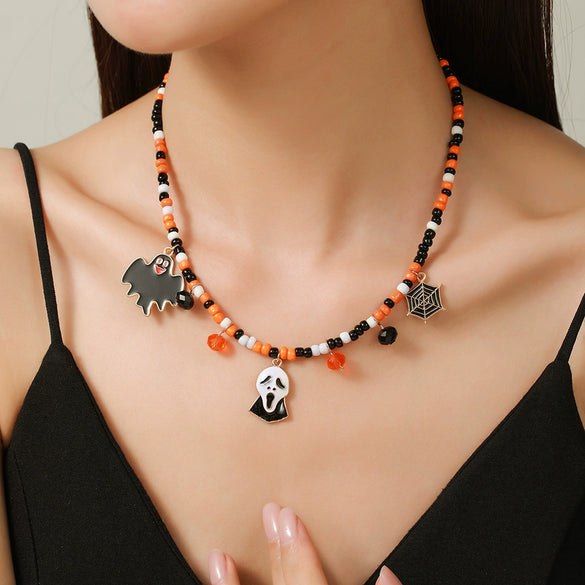 Necklaces Alloy Glass Glazed Rice Bead Handmade With Scary Ghost Tombstone Pumpkin Festive Elements For Women