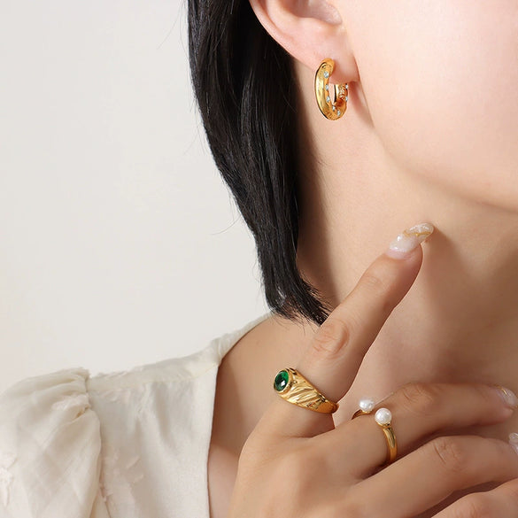 Neutral Retro 316L Stainless Steel Cshaped Earrings With White Green Zircon Inlaid And 18K Real Gold Plated