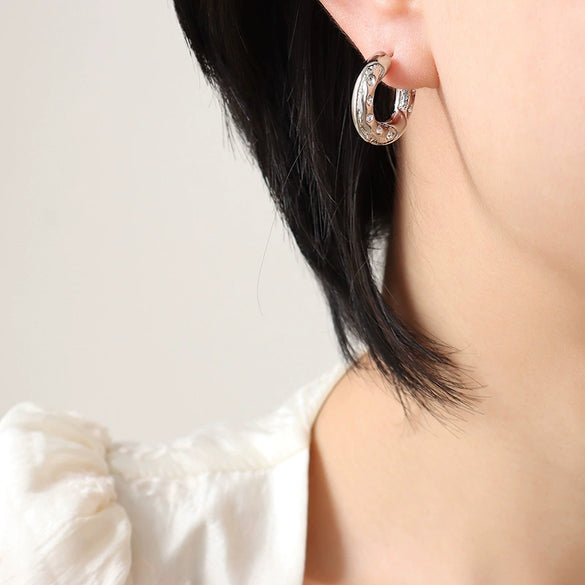 Neutral Retro 316L Stainless Steel Cshaped Earrings With White Green Zircon Inlaid And 18K Real Gold Plated